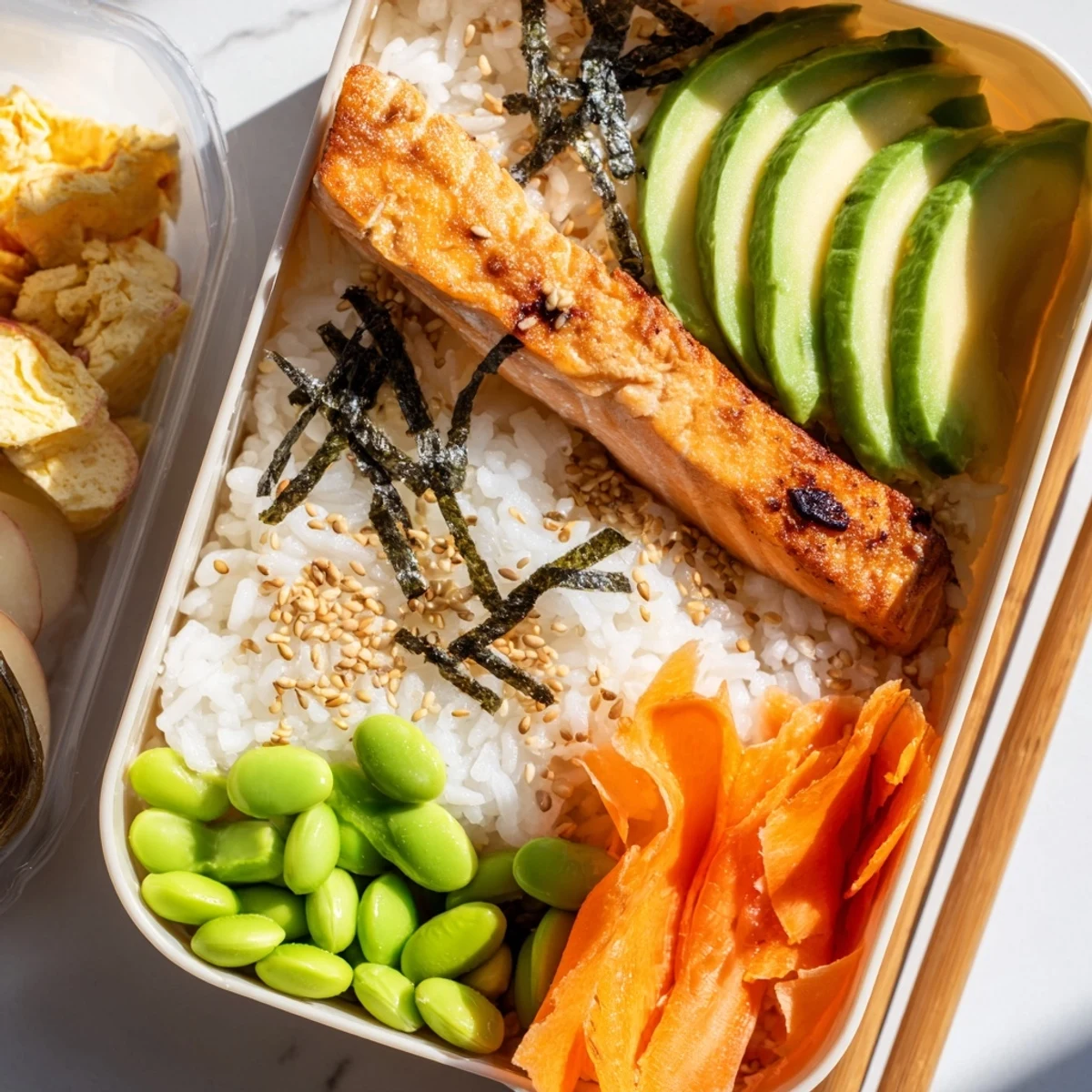Well-balanced bento box lunch with tender fish fillets, tangy pickled cucumbers and carrots, edamame, and sliced apple served over perfectly cooked Japanese rice