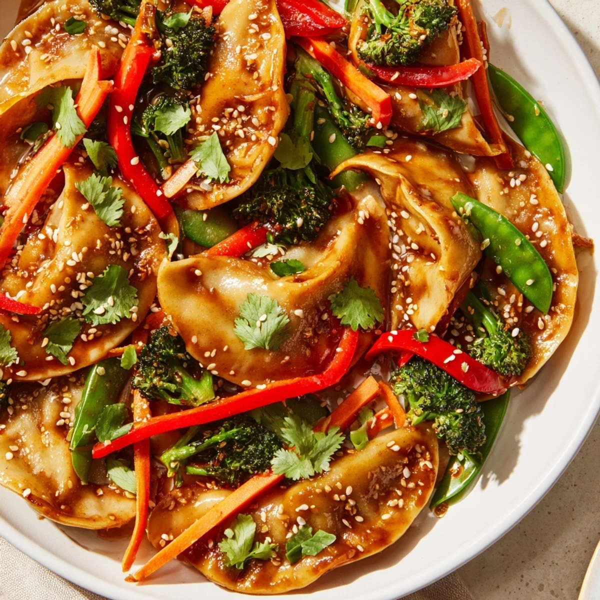 Golden pan-fried dumpling stir fry with crisp colorful vegetables in glossy savory garlic sauce