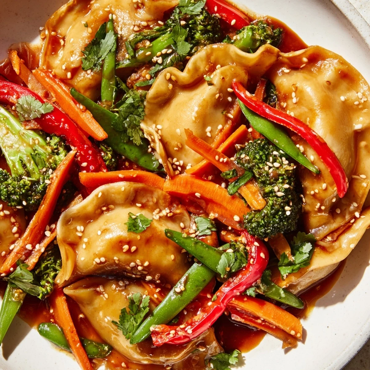 Tender dumplings tossed with vibrant broccoli peppers and snap peas in rich garlic glaze