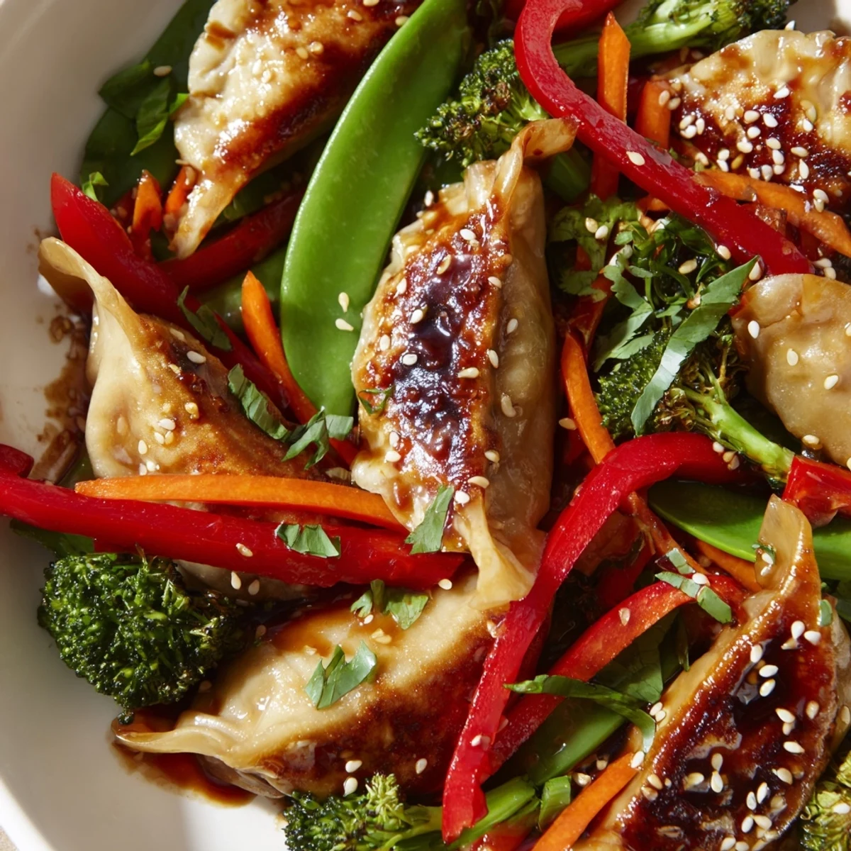 Vegetarian dumpling stir fry featuring fresh garden vegetables coated in thick aromatic garlic sauce