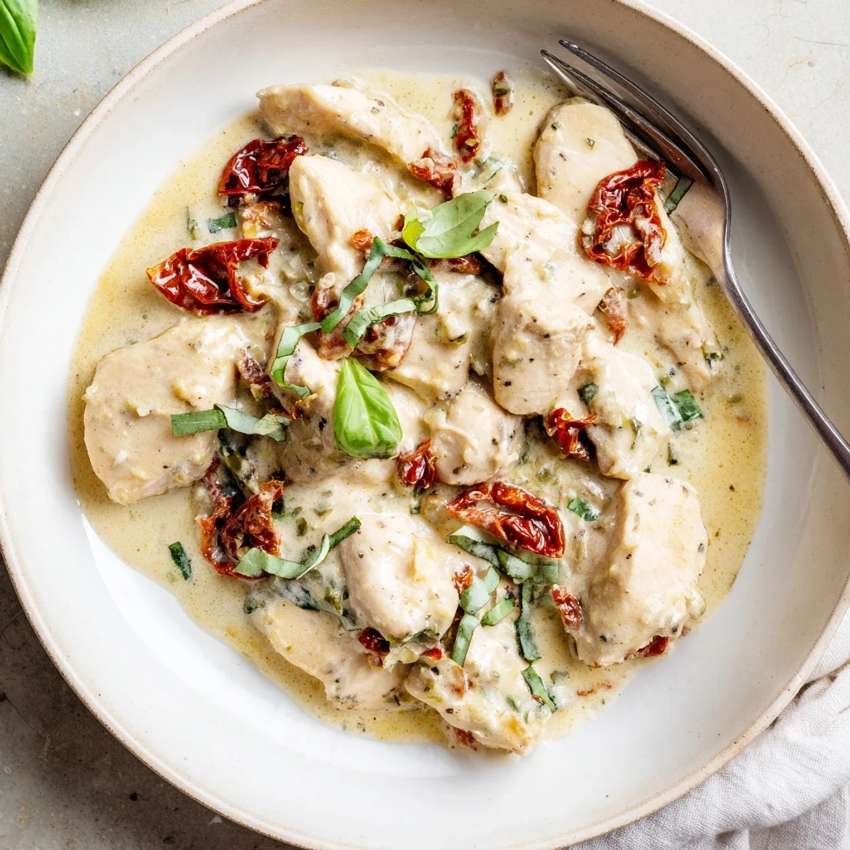 Golden brown chicken breasts nestled in creamy sun-dried tomato parmesan sauce with fresh basil garnish