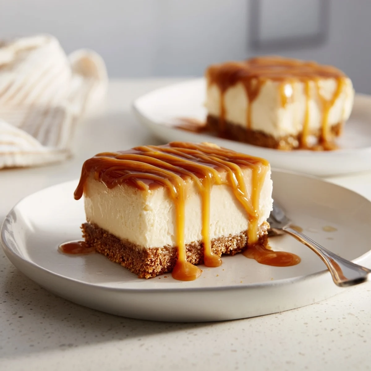 Golden caramel sauce drips down the sides of these creamy caramel cheesecake bars resting on a graham cracker crust