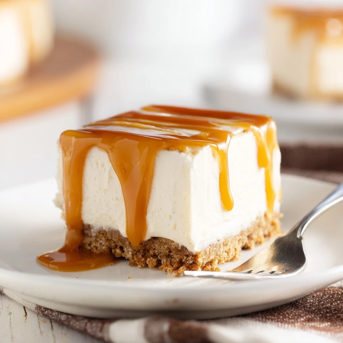 Buttery graham cracker crust supports a thick slice of caramel cheesecake bars topped with rich homemade caramel sauce