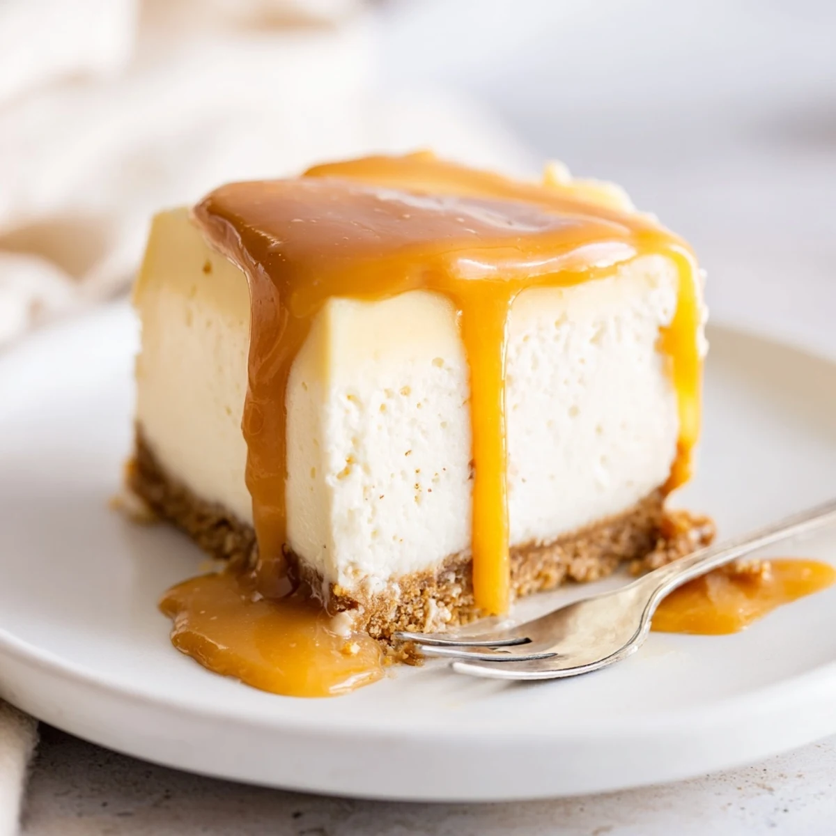 Square slice of creamy caramel cheesecake bars revealing smooth cheesecake layer beneath glossy amber caramel topping