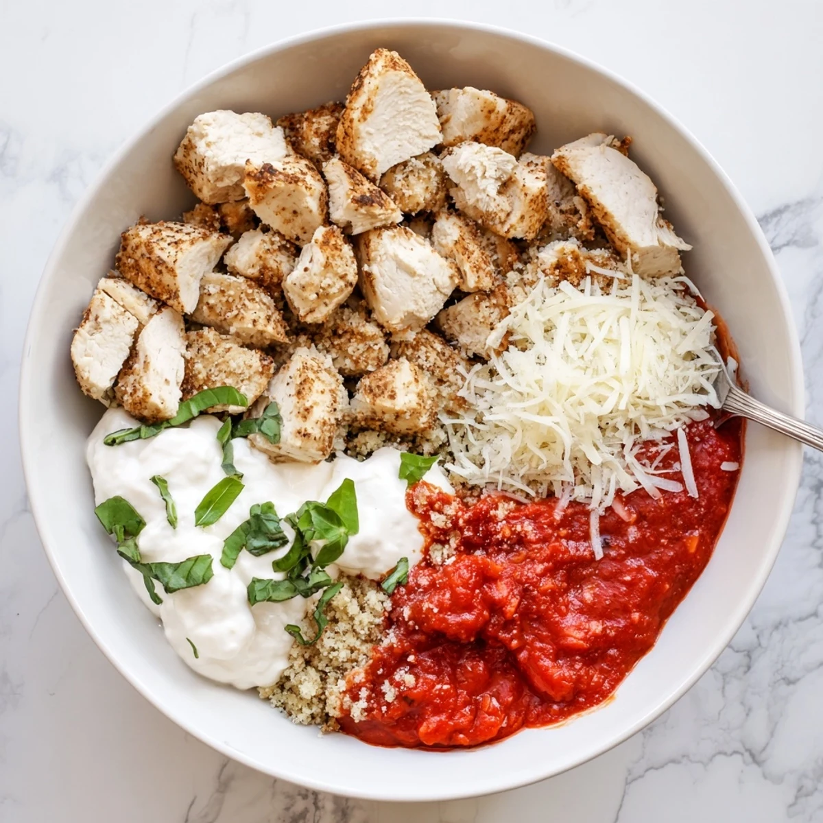 Golden cheesy high protein chicken Parm cottage cheese bowl topped with crispy breadcrumbs and fresh basil