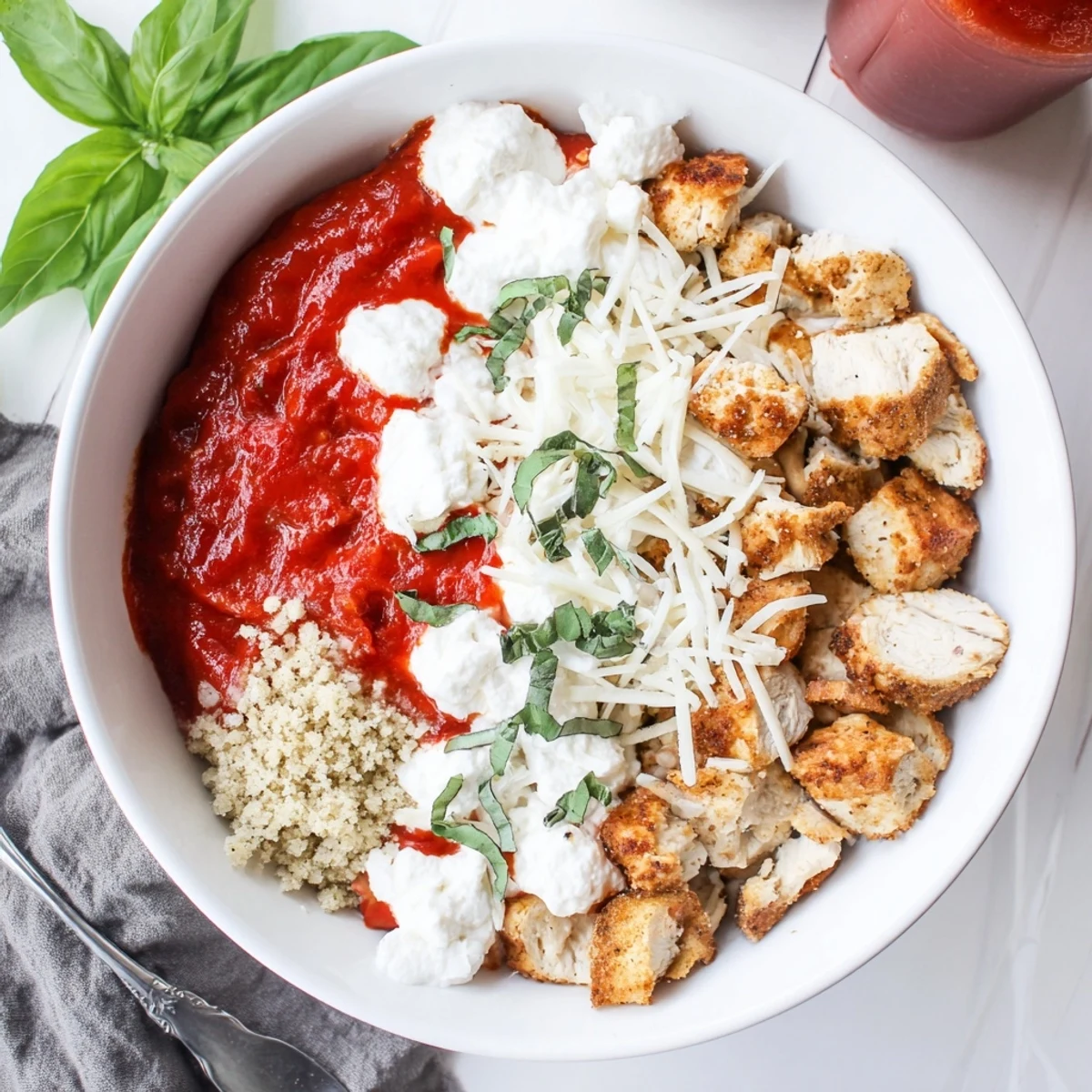 Savory baked chicken parmesan cottage cheese bowl with melted mozzarella and marinara sauce in white bowl
