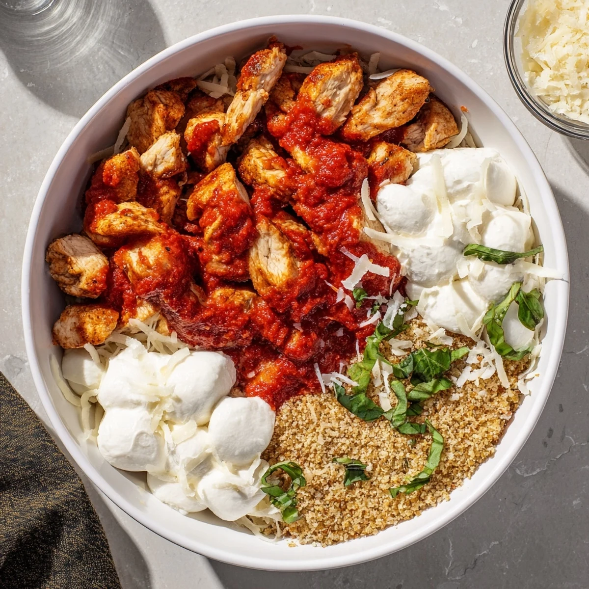 Protein-packed chicken parm cottage cheese bowl with bubbling cheese toasted panko garnish and basil sprinkle