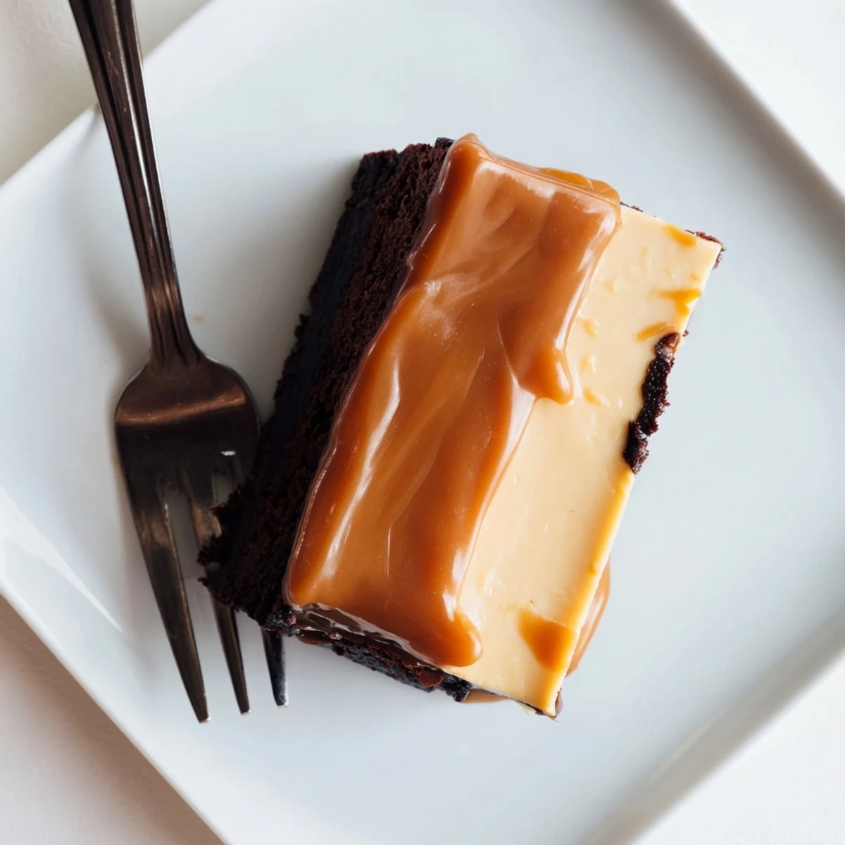 Decadent caramel brownie cheesecake slice revealing creamy cheesecake layer beneath glossy caramel topping