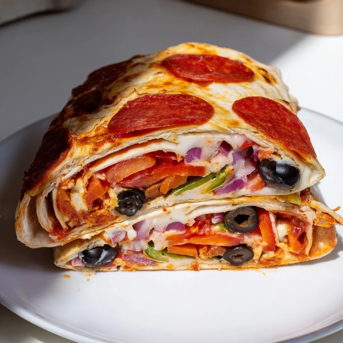 Crispy oven baked pizza burritos sliced open revealing colorful bell peppers and olives