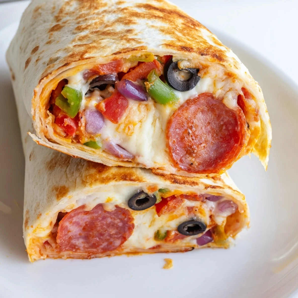 Golden brown pizza burritos fresh from oven with melted mozzarella and pepperoni