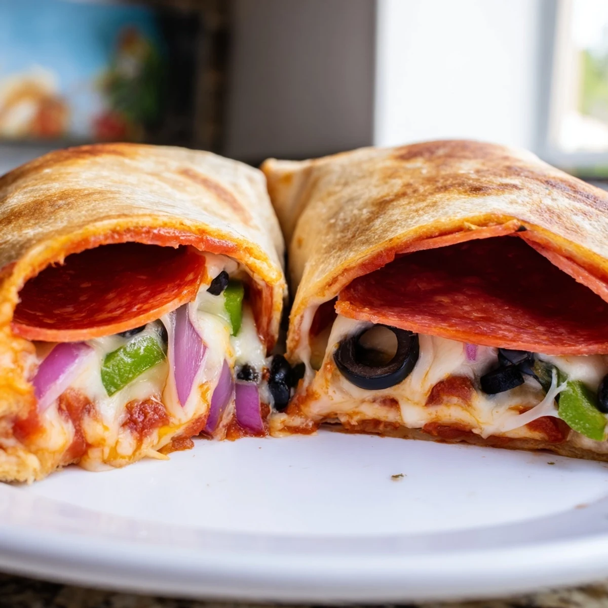 Air fried pizza burritos sprinkled with Parmesan and fresh basil on wooden board