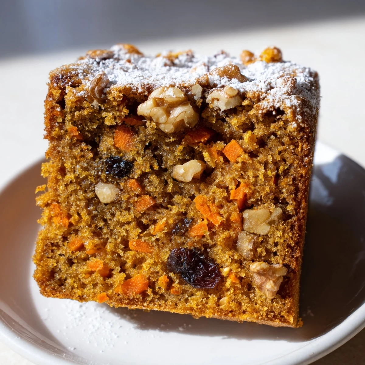 Spiced carrot cake made healthier with Greek yogurt, topped with optional powdered sugar dusting