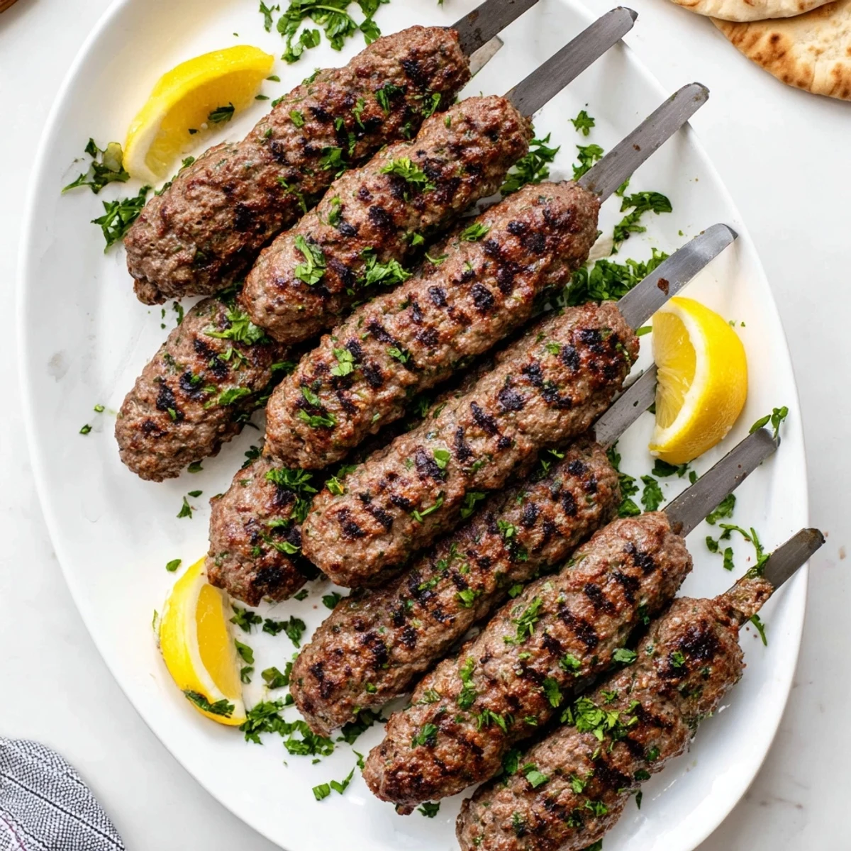 Juicy spiced Lebanese kafta kebabs served with warm pita bread and lemon wedges