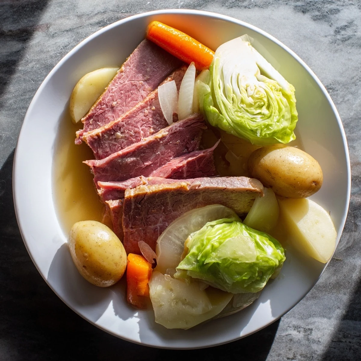 Slow cooker corned beef cabbage with tender vegetables in a rich beef broth
