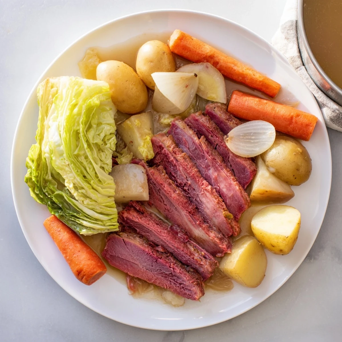 Golden corned beef brisket served alongside carrots, potatoes, and green cabbage wedges