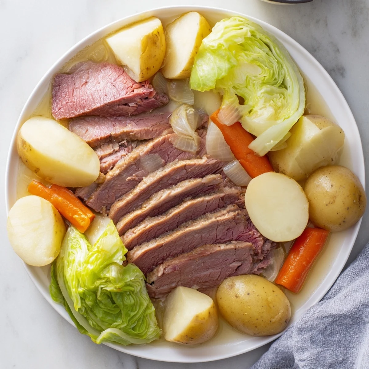 Hearty corned beef and cabbage dinner plated with steamed vegetables and juices