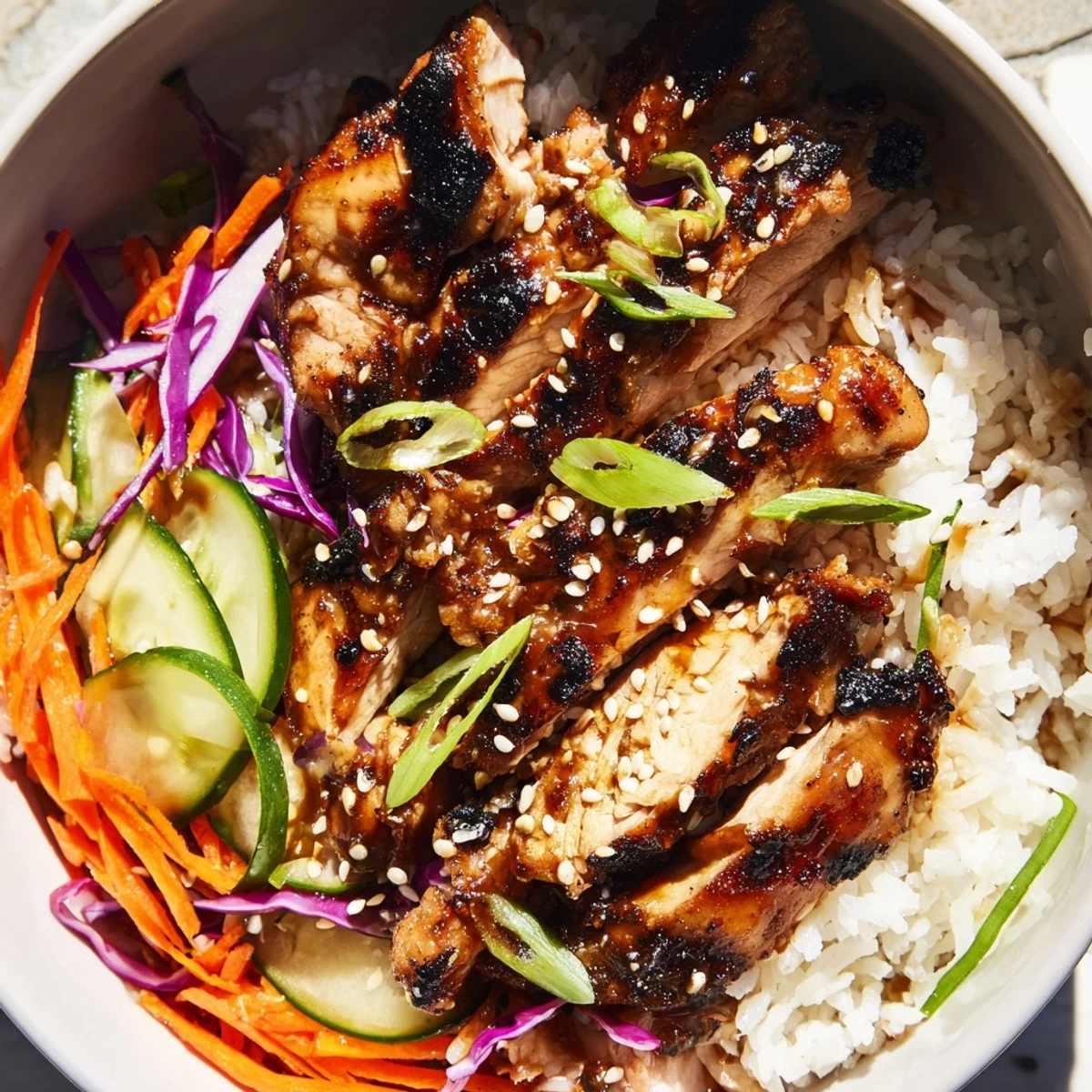 Savory Korean BBQ chicken sliced over a rice bowl with fresh cucumber and carrots