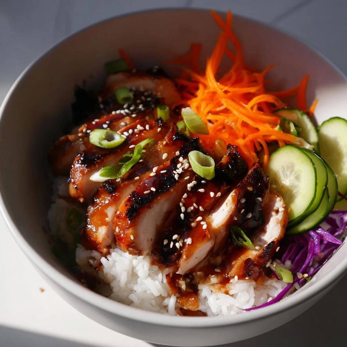 Korean BBQ chicken bowl with juicy grilled thighs, colorful vegetables, and fluffy white rice
