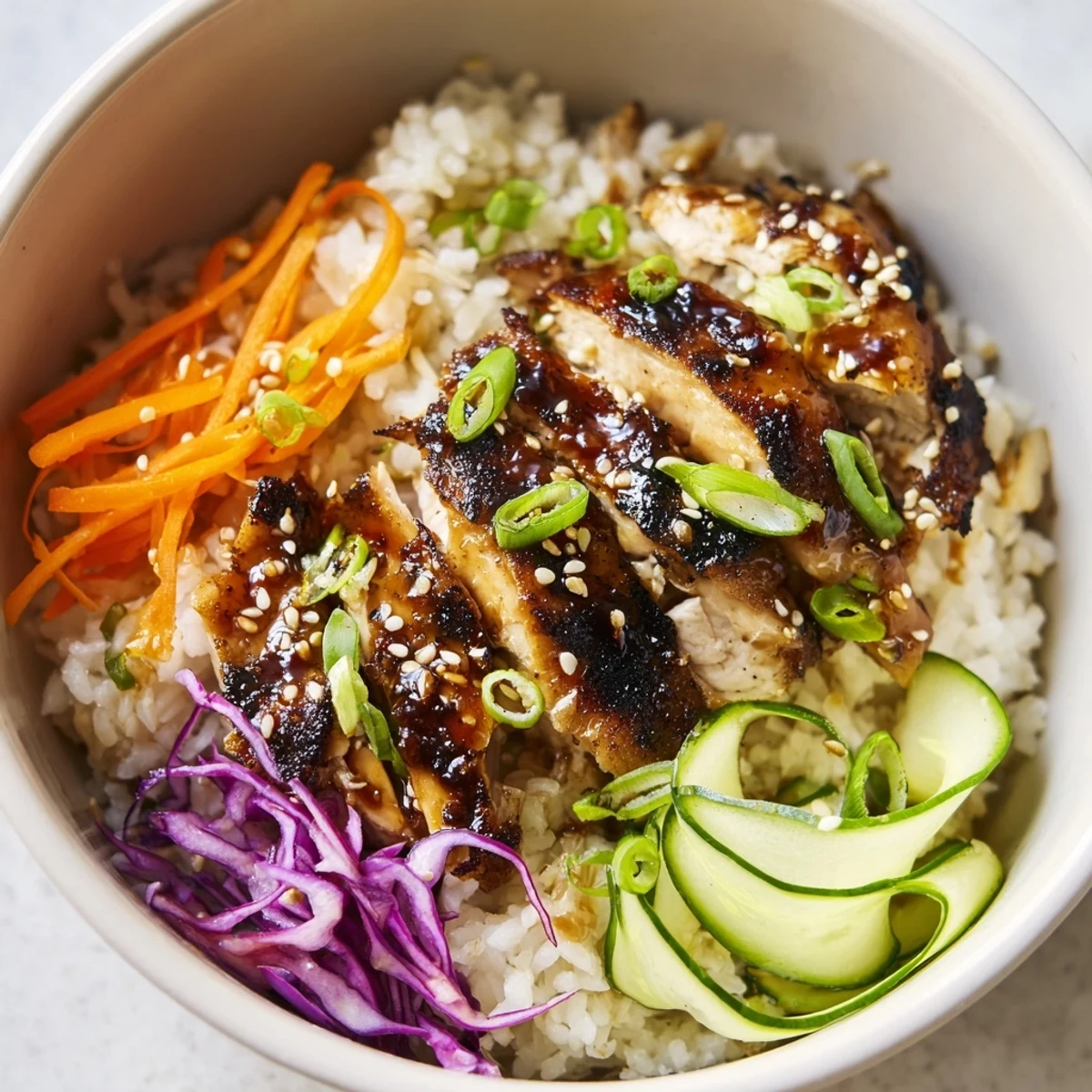 Close-up of Korean BBQ chicken bowl topped with sesame seeds and crisp purple cabbage