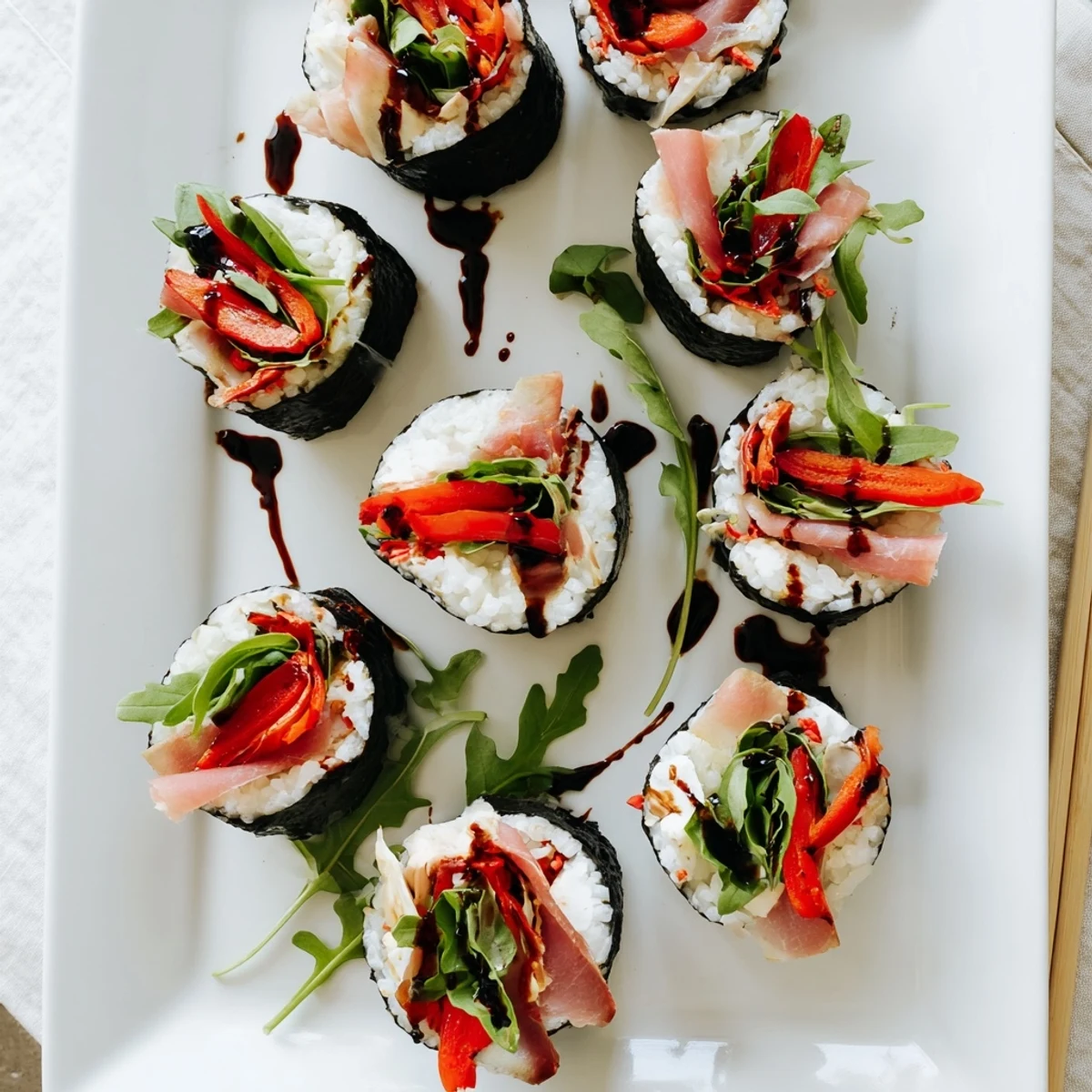 Colorful Italian sushi rolls stuffed with prosciutto, mozzarella, roasted peppers, and fresh basil