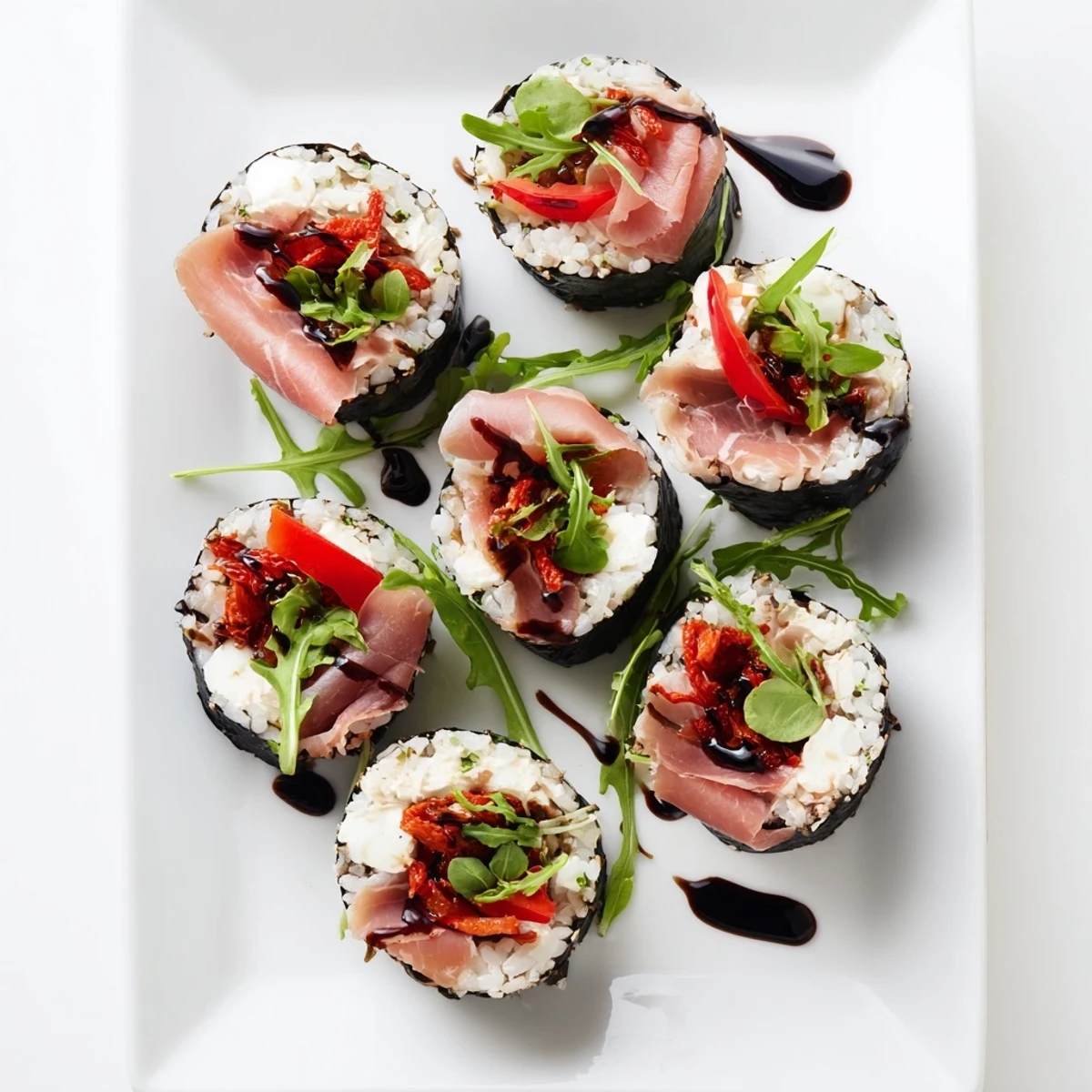 Close-up of sushi rolls wrapped in nori with mozzarella, roasted peppers, and prosciutto visible