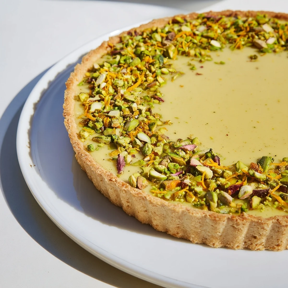 Golden orange cardamom tart with pistachio crust garnished with chopped nuts and fresh zest