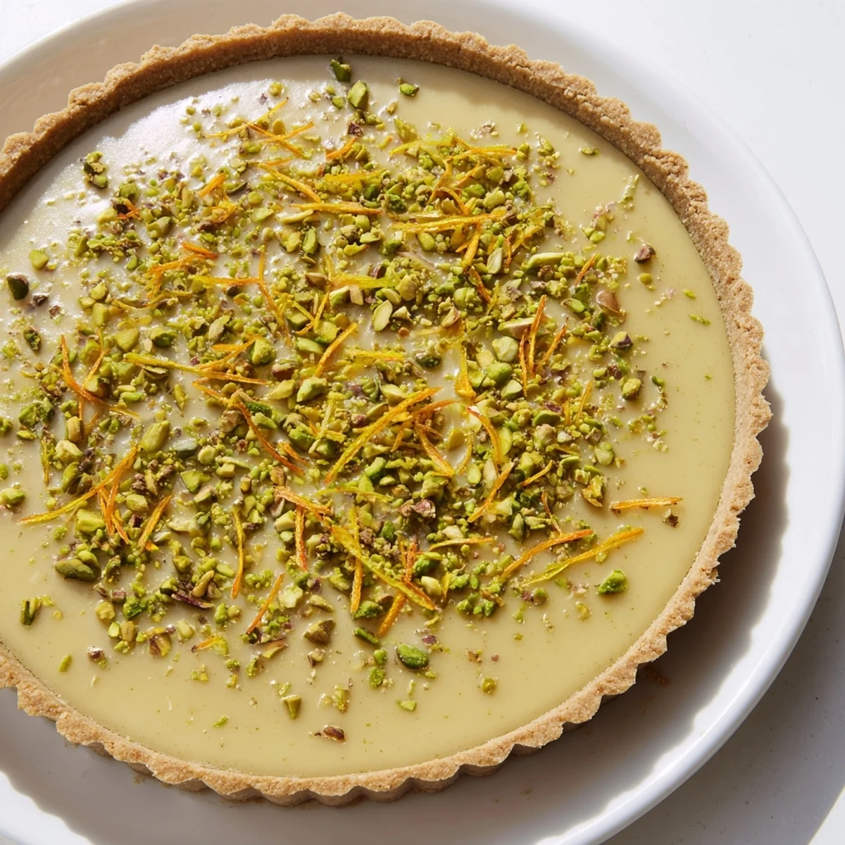 Creamy orange cardamom tart slice revealing nutty pistachio crust and vibrant citrus filling