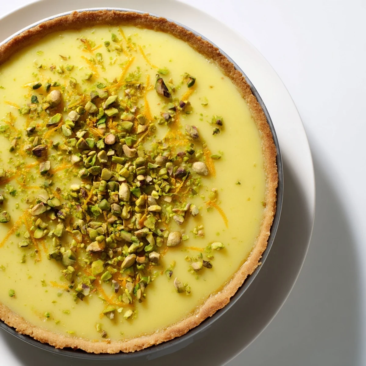 Elegant orange cardamom tart on white plate topped with green pistachios and orange zest strips