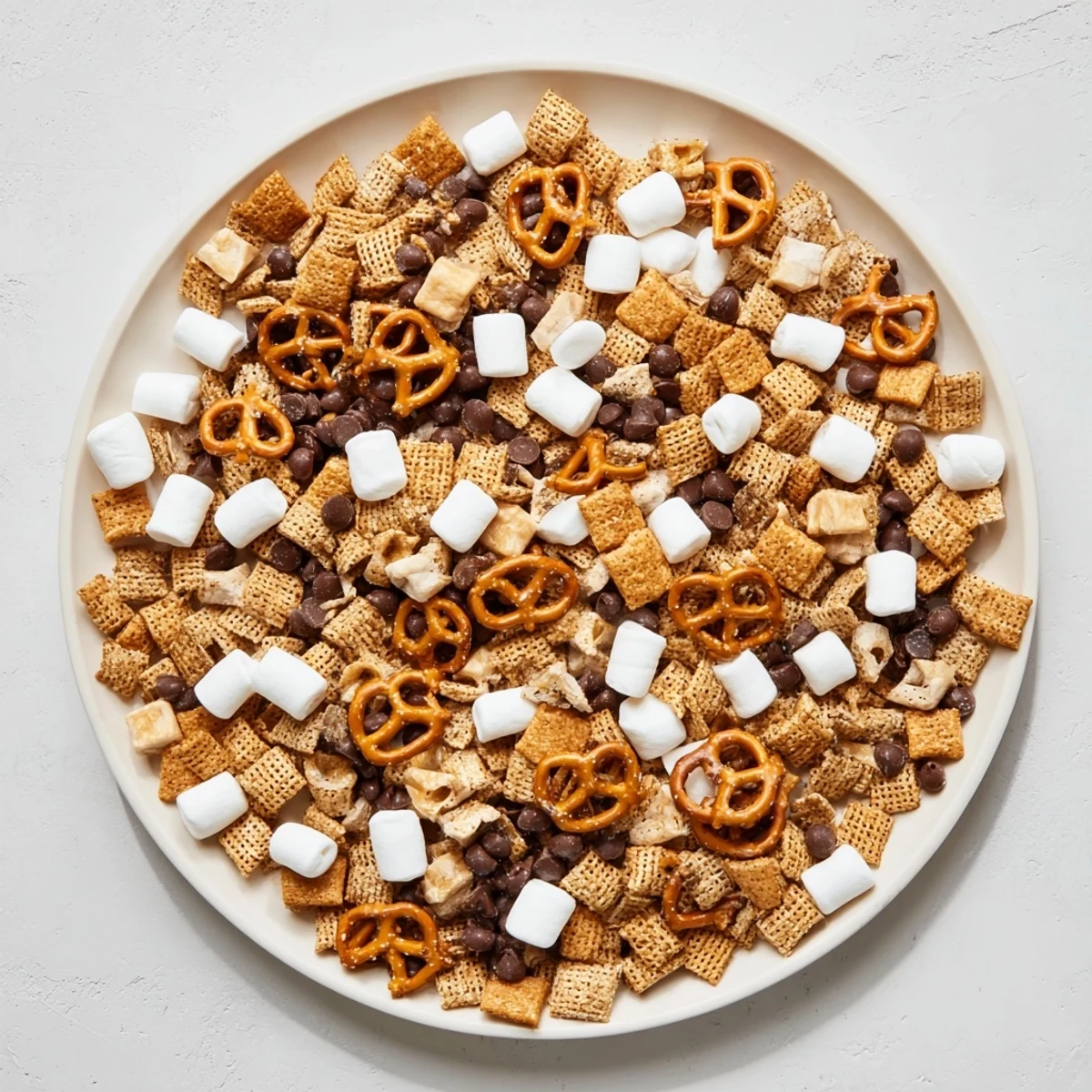 Golden bowl overflowing with crunchy s'mores snack mix featuring chocolate chips, marshmallows, and pretzels