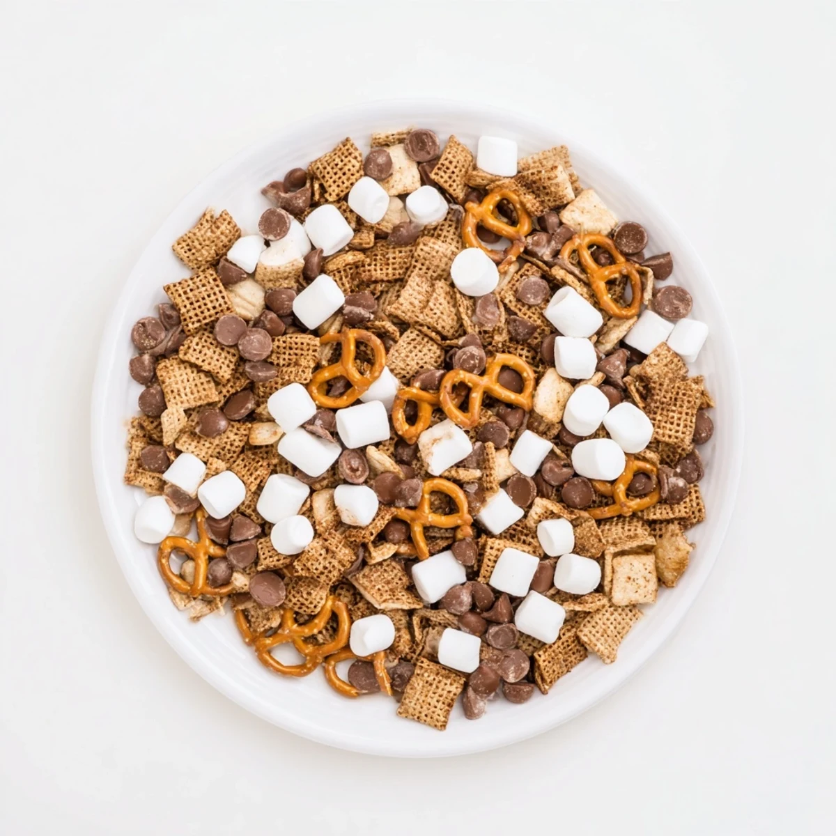 Colorful s'mores snack mix recipe arranged in layers with milk chocolate and mini marshmallows