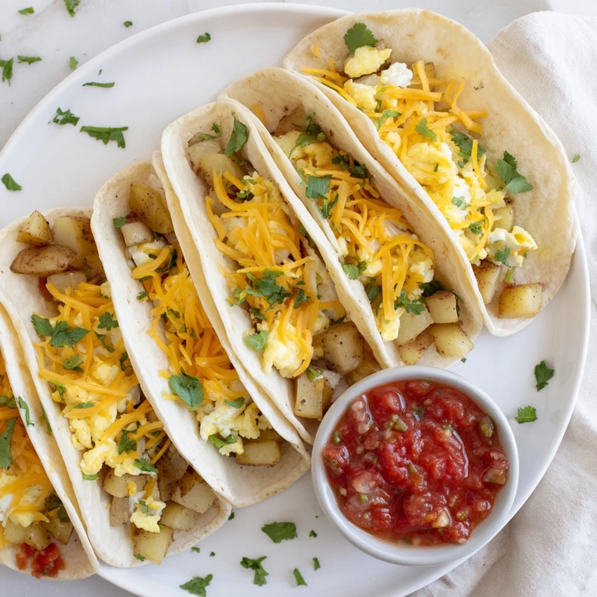 Golden potato and egg breakfast tacos loaded with melted cheddar and fresh cilantro