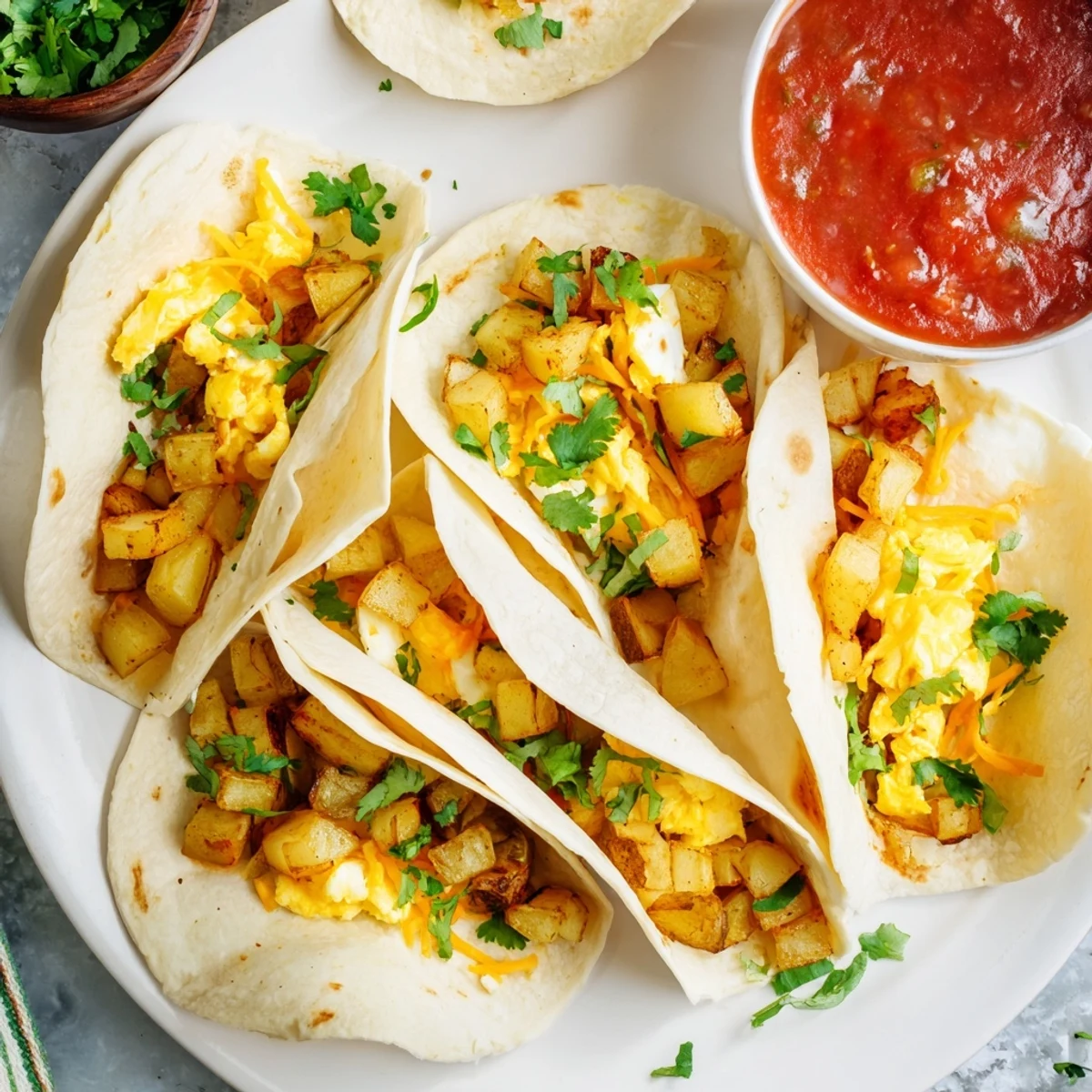Warm flour tortillas stuffed with crispy potatoes fluffy scrambled eggs and cheese