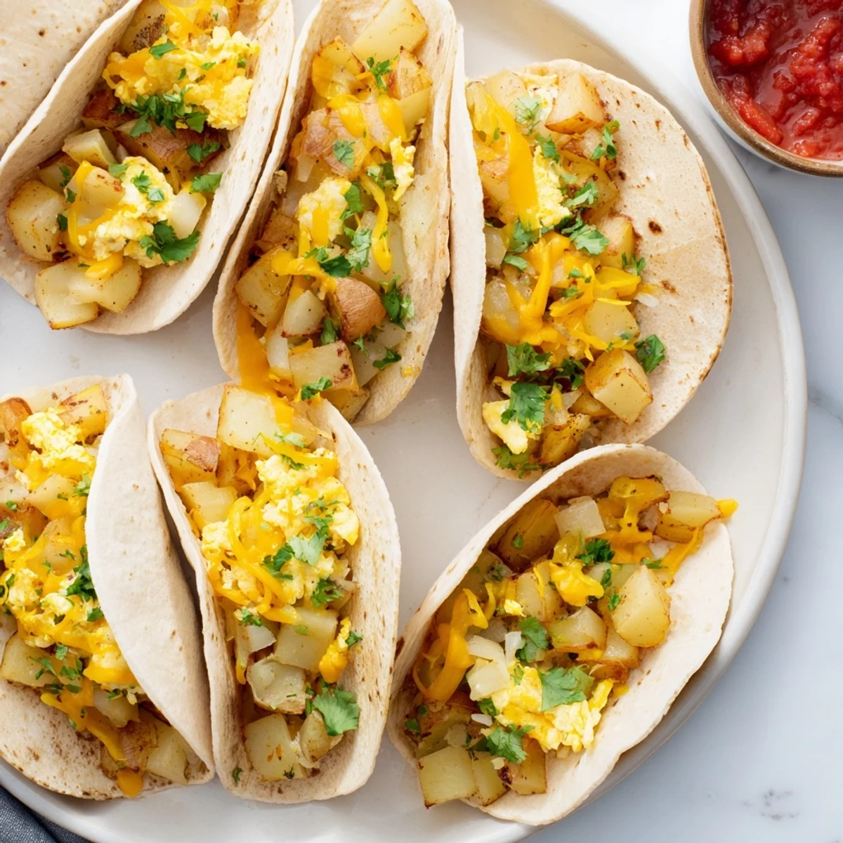 Hearty Tex-Mex breakfast tacos featuring spiced potatoes eggs and shredded cheese topping