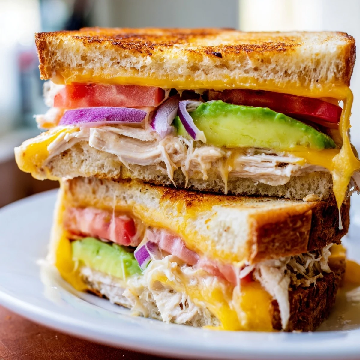 Warm toasted chicken avocado melt sandwich layered with tender chicken and ripe tomato slices