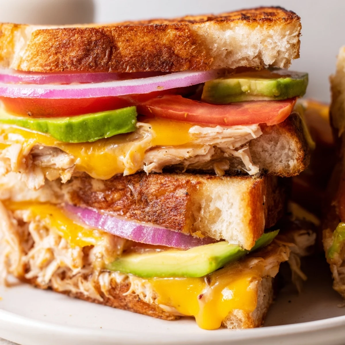 Delicious chicken avocado melt sandwich cut in half revealing melted cheddar and creamy avocado layers