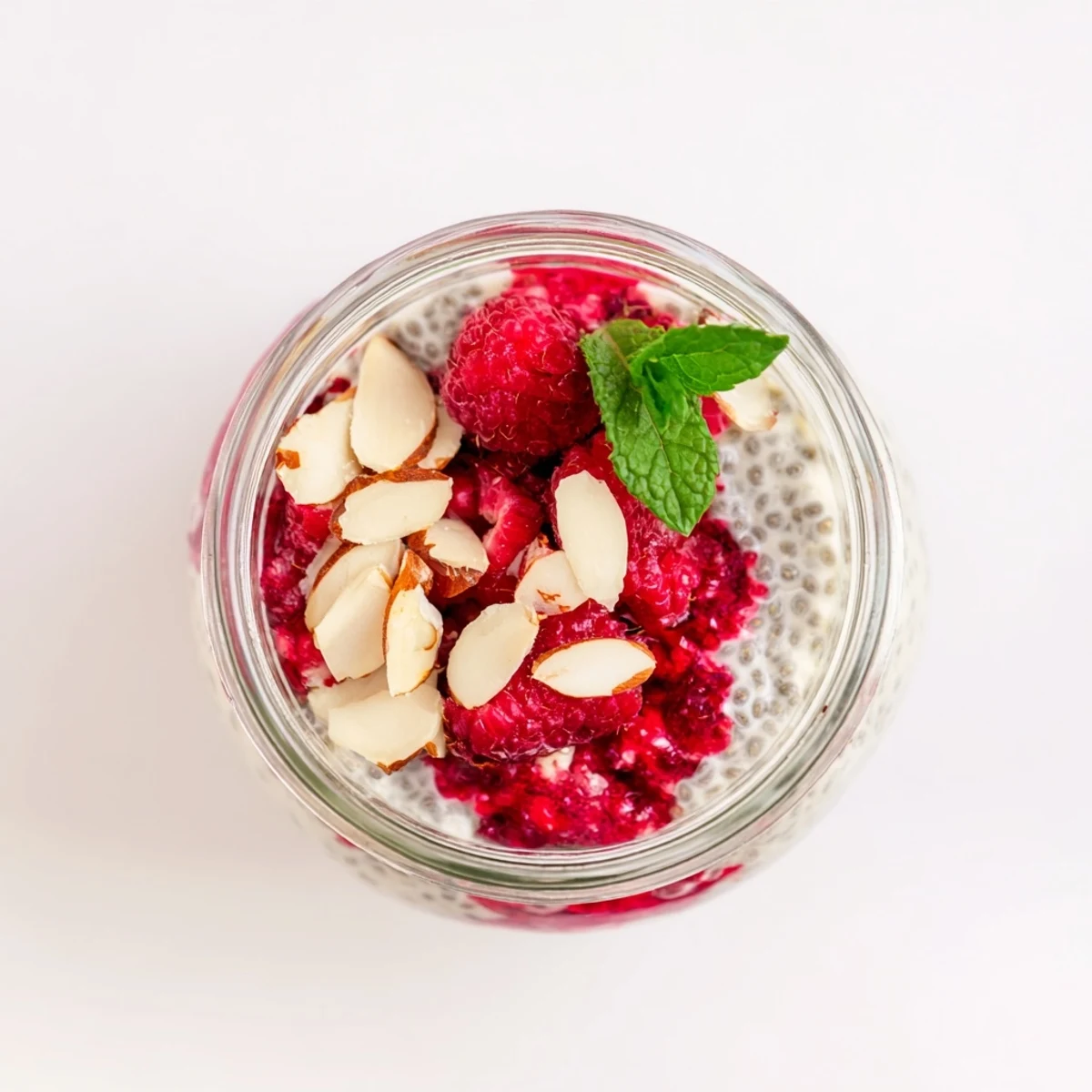 Creamy raspberry chia pudding sweetened naturally with maple syrup and topped with fresh berries