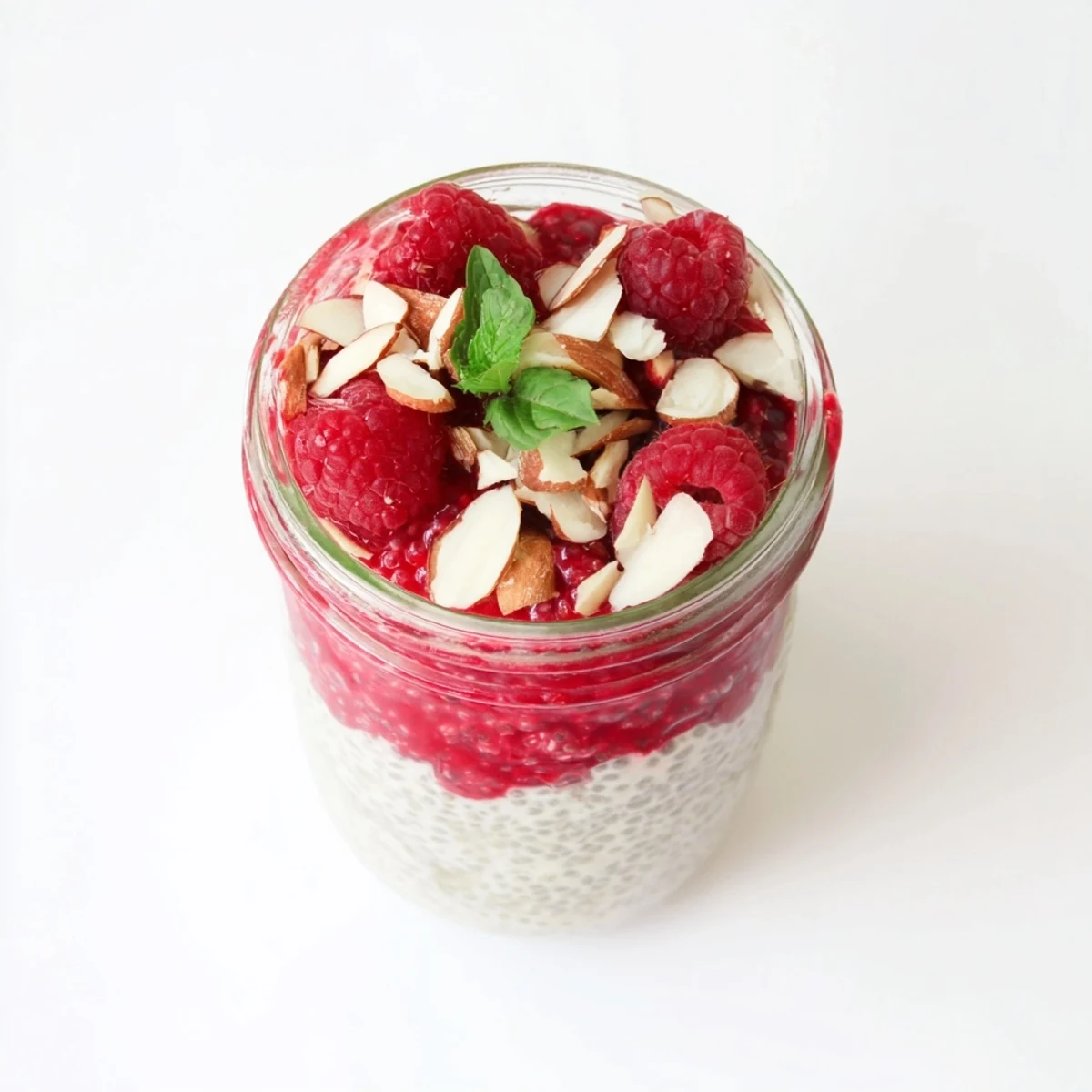 Healthy breakfast or dessert of chia pudding with sweet raspberry puree and maple drizzle