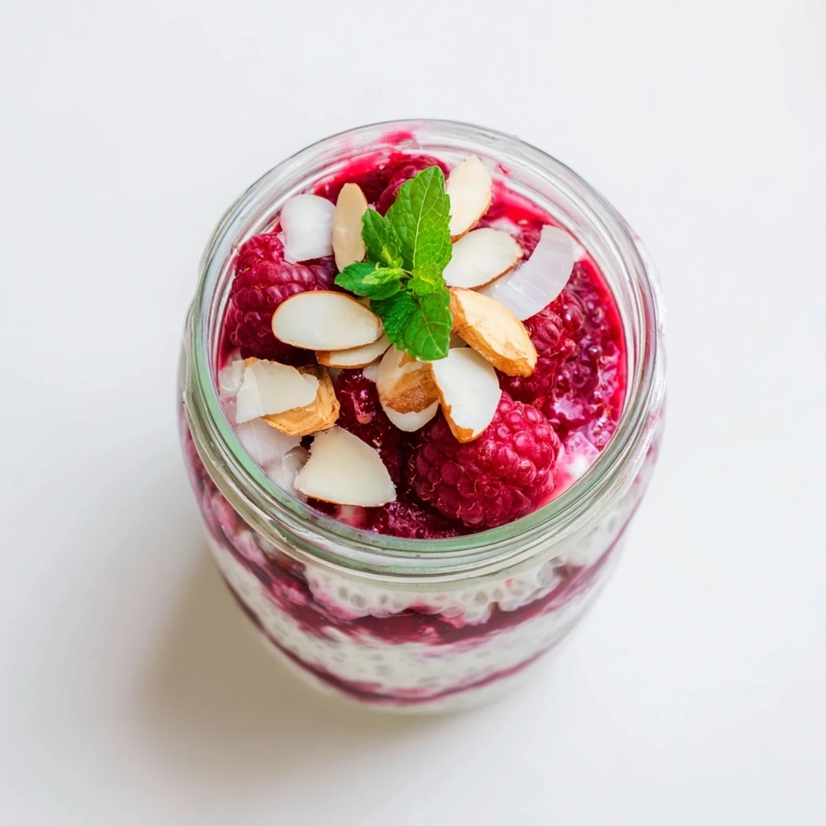 Layered glass of raspberry maple chia pudding featuring vibrant red fruit swirls and creamy texture