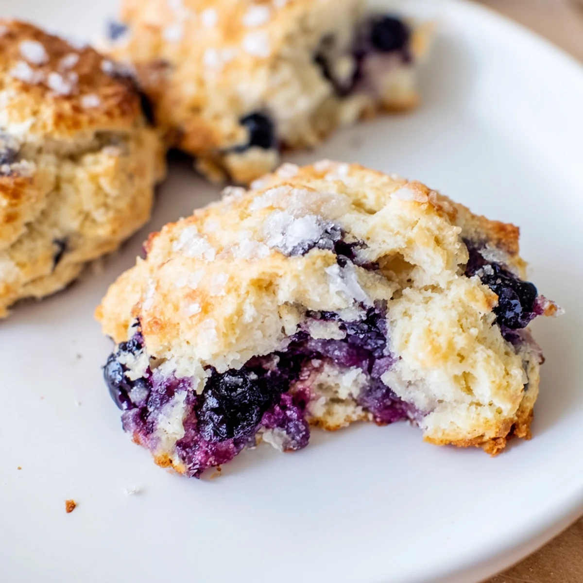 Golden homemade blueberry biscuits scattered with fresh blueberries on a rustic wooden board