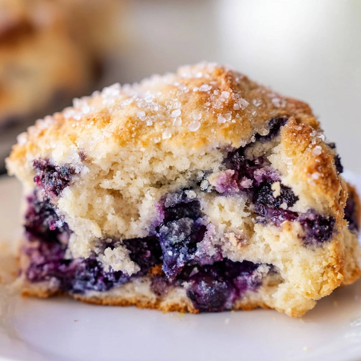 Flaky blueberry biscuits stacked on a white plate dusted with coarse sugar topping