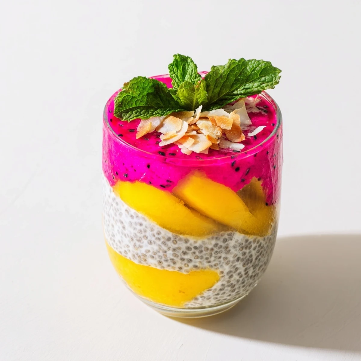 Layered mango and dragon fruit chia pudding in clear glass jars with fresh mint garnish