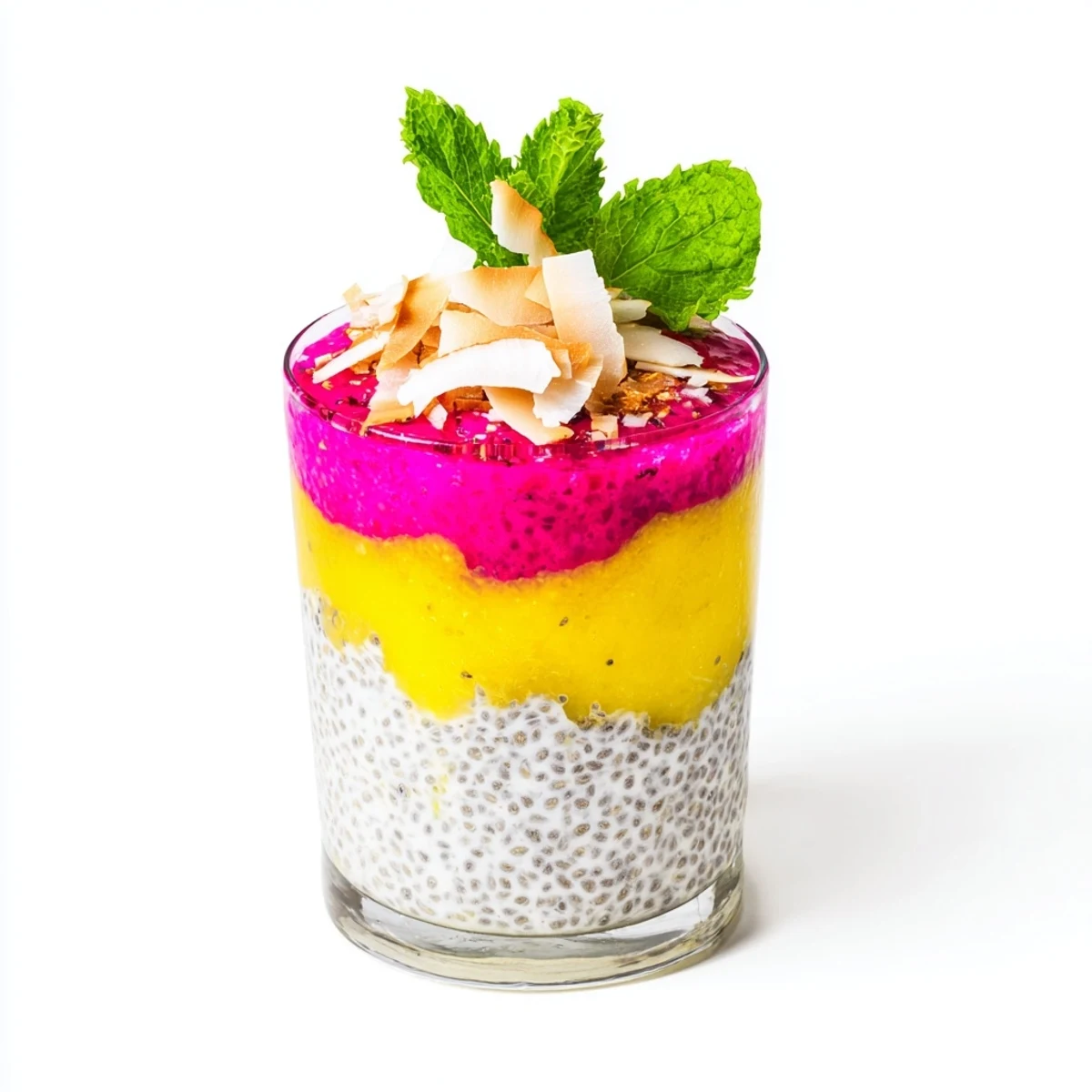 Creamy coconut chia pudding topped with vibrant tropical mango and pink dragon fruit swirls