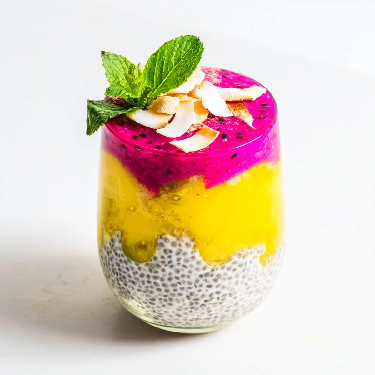 Parfait of coconut chia seeds layered with sweet mango puree and dragon fruit