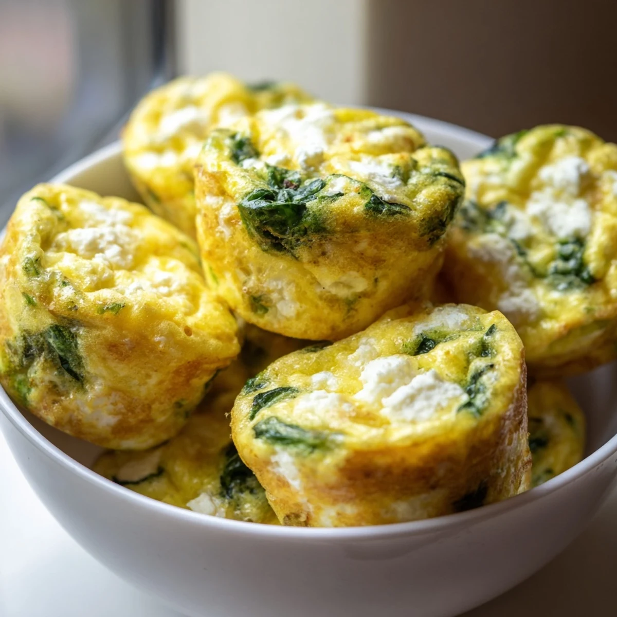 Golden egg muffins with spinach and feta fresh from the oven in a muffin tin