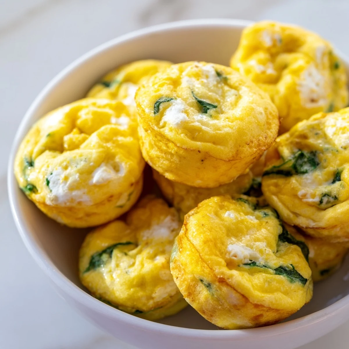 Baked egg muffins with vibrant green spinach and crumbled white feta cheese ready for breakfast