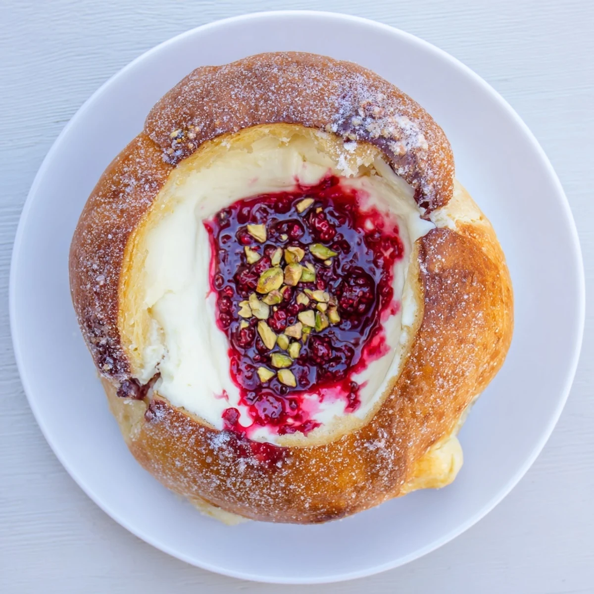 Golden raspberry and rose cheesecake buns topped with pink compote and chopped pistachios on a wooden board