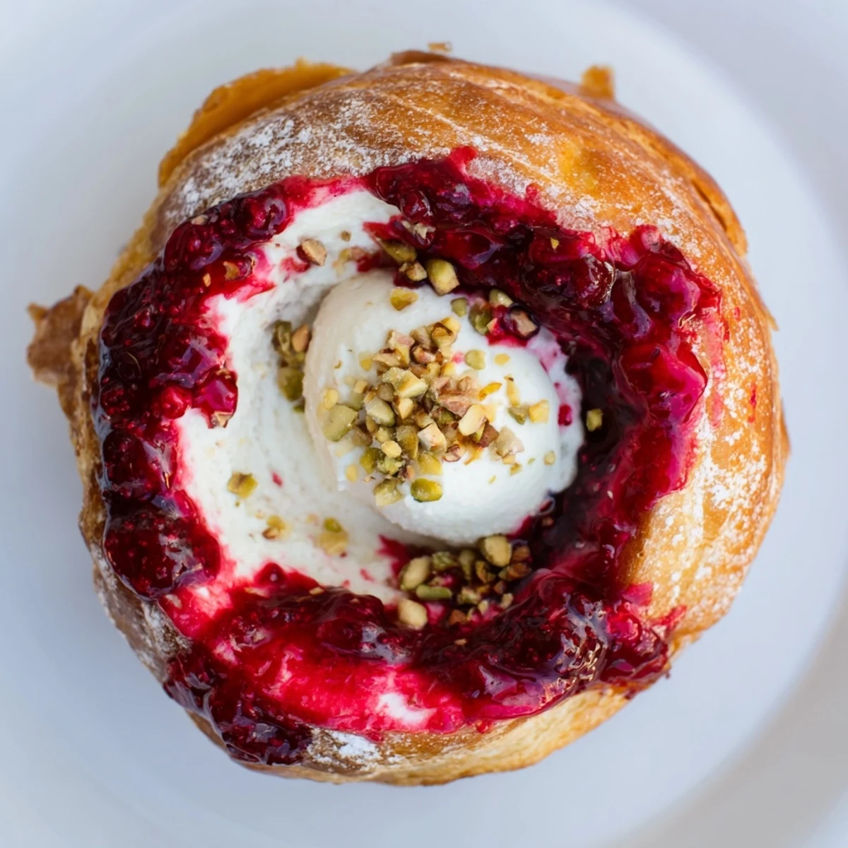 Freshly baked raspberry and rose cheesecake buns with glossy fruit centers and sugary crust on parchment paper