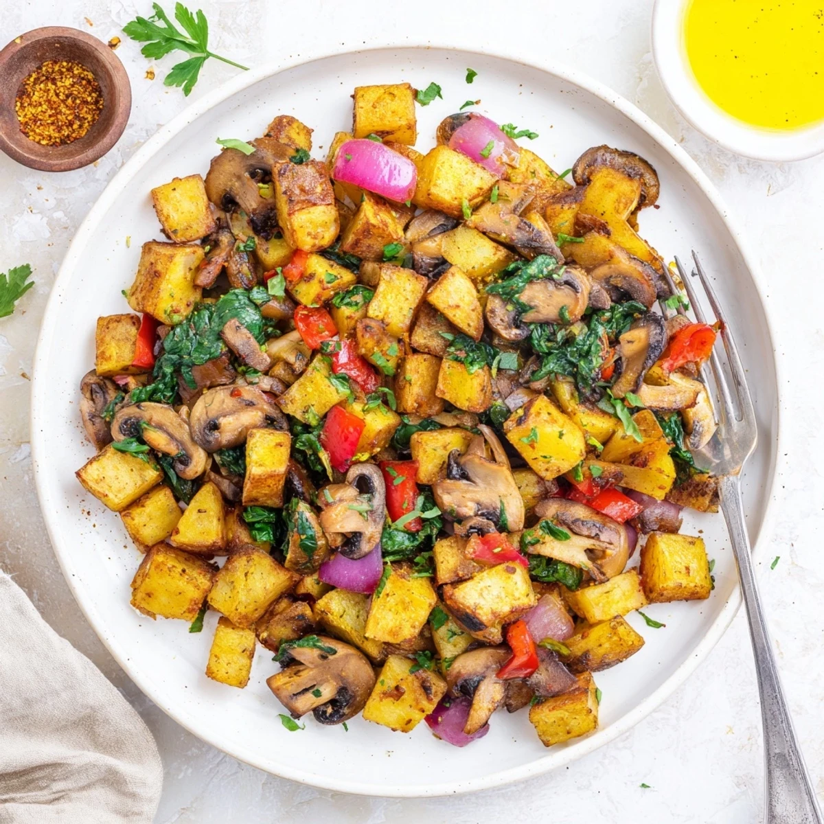 Golden crispy vegan breakfast hash with colorful bell peppers, onions, and wilted spinach garnished with fresh parsley