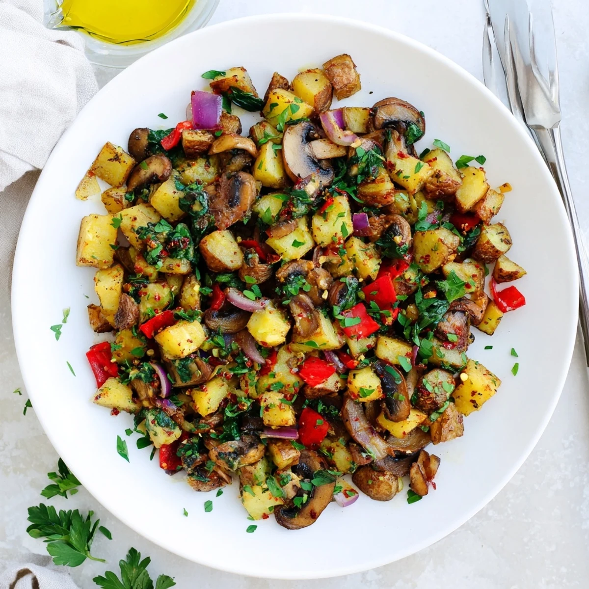 Hearty flavorful vegan breakfast hash skillet loaded with roasted potatoes and vegetables seasoned with aromatic spices