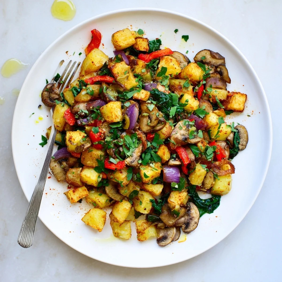Sizzling pan of vegan breakfast hash featuring diced russet potatoes, mushrooms, and vibrant red and green peppers